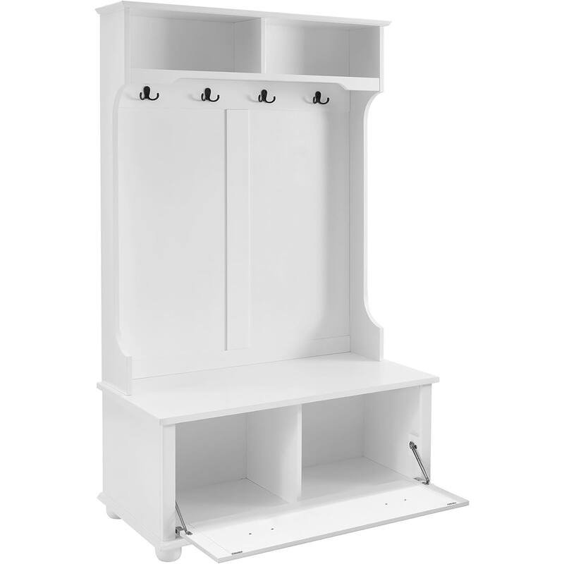 Roomfitters Classic Coastal Style Hall Tree Entryway Bench with Open Shelves, Shoe Cabinets, Solid Wood Feet