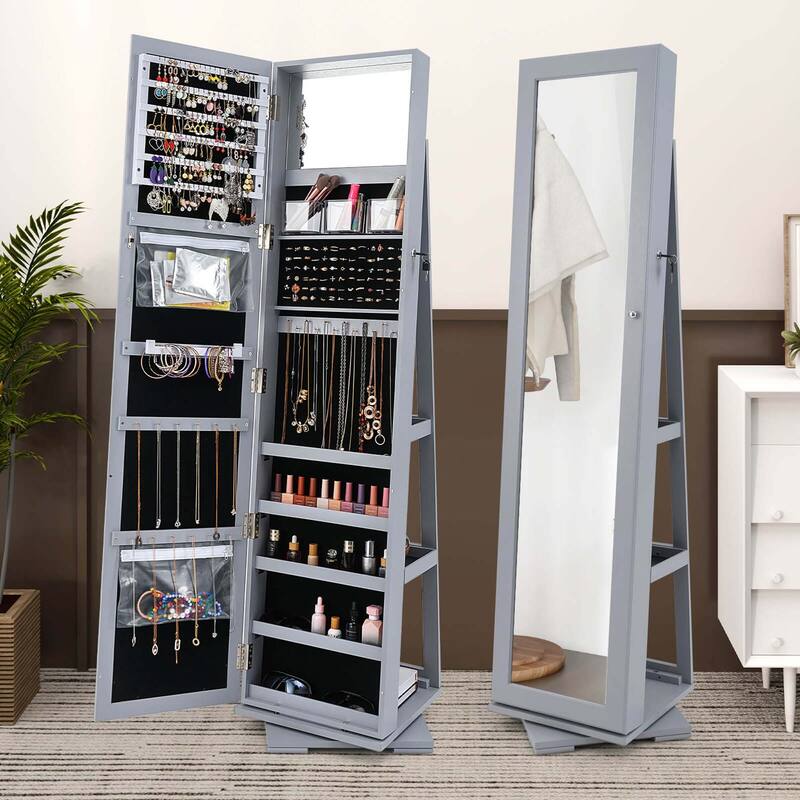 Costway 360degree Rotatable Jewelry Cabinet 2-in-1 Lockable Mirrored - See Details