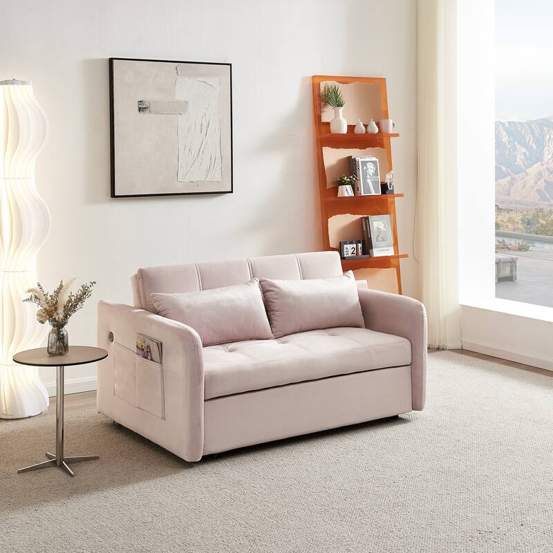 3 in 1 Sleeper Sofa Couch Bed, Pull Out Loveseat with StorageTwins Velvet Convertible Sofa Couch with 2 Pockets & USB Ports