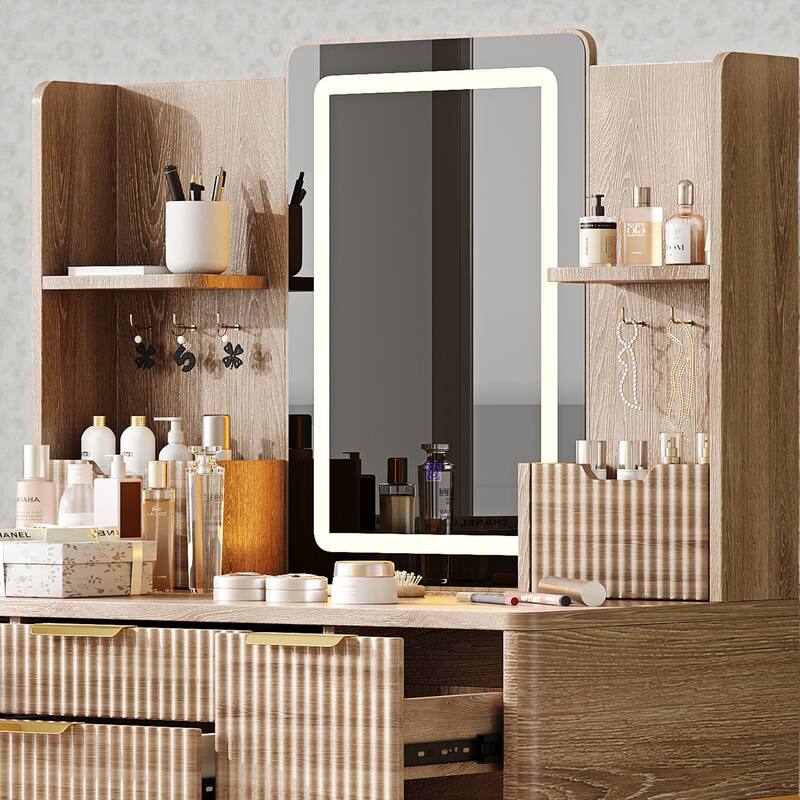 Fluted Vanity Desk with LED Lighted Mirror, 4 Drawers, Jewelry Storage & PU Stool, Modern Makeup Table with Metal Legs