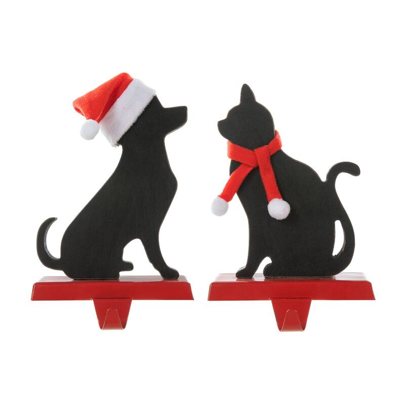 Glitzhome Wooden/Metal Cat & Dog Christmas Stocking Holders Mantel Ornament
