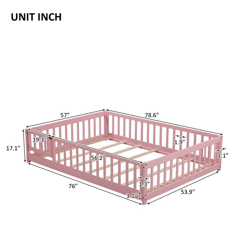 Full size Floor Platform Bed with Fence and Door