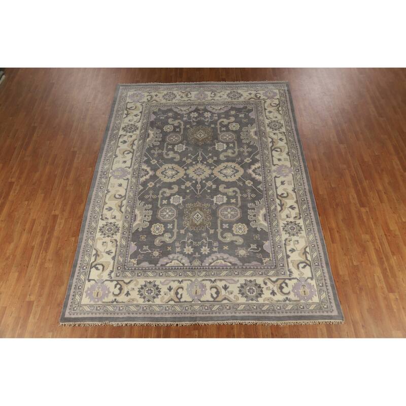 Gray Geometric Oushak Indian Area Rug Hand-Knotted Wool Carpet - 8'8" x 11'10"