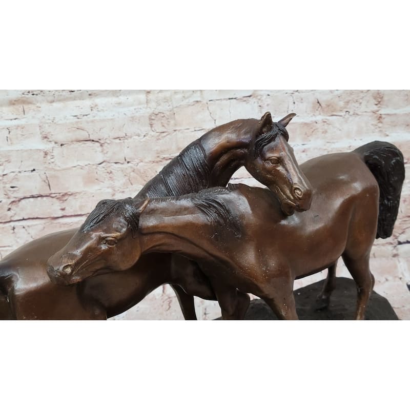 Bronze Horses Sculpture – Pair Of Grazing Stallions Statue On Marble Base
