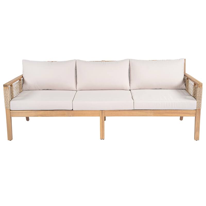 Acacia Wood 3-Seater Patio Sofa with Rope Weave - Outdoor Teak-Look Sofa with Beige Cushions & Pillows for Garden, Poolside