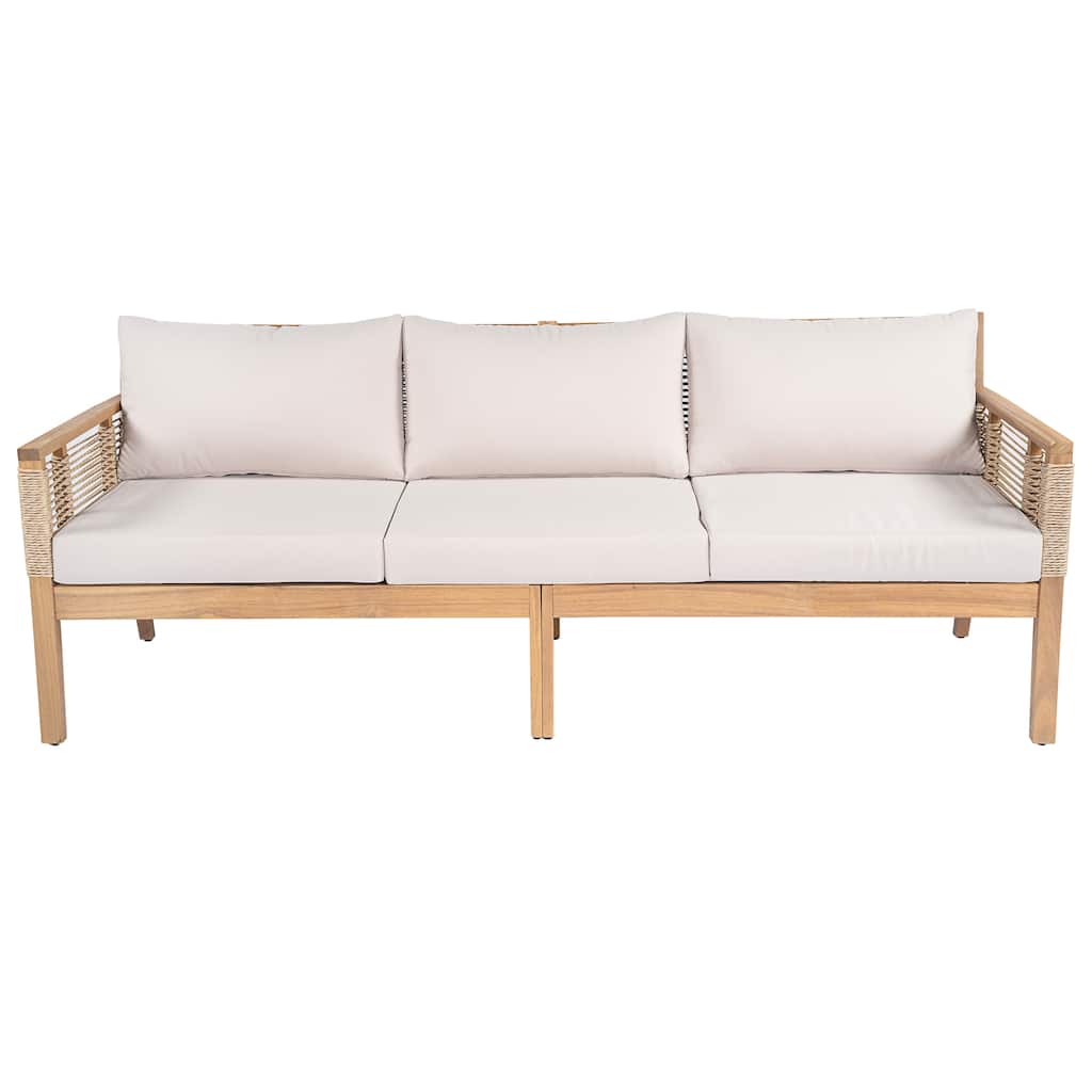 Acacia Wood 3-Seater Patio Sofa with Rope Weave - Outdoor Teak-Look Sofa with Beige Cushions & Pillows for Garden, Poolside