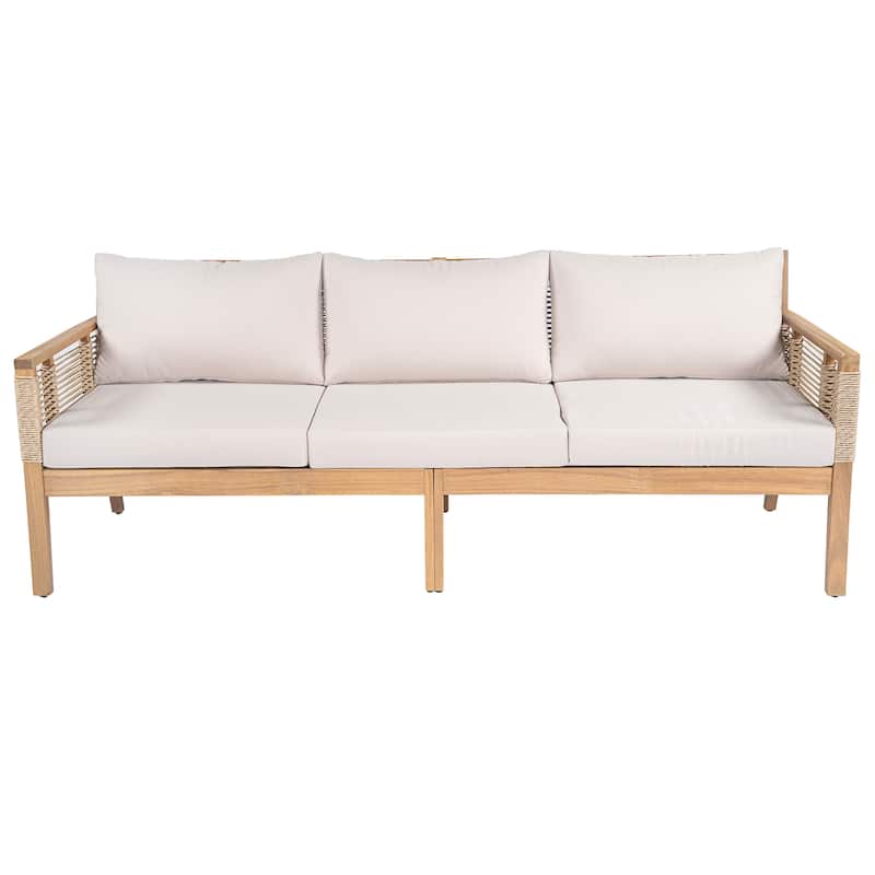 Roomfitters 3-Seater Outdoor Patio Sofa, Modern Wood Couch with Upholstered Cushions and Horizontal Rope Weave, Teak+ Beige