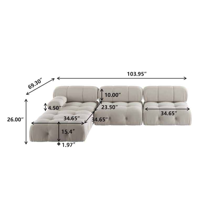 104" Wide Velvet Reversible Modular Sofa & Chaise with Ottoman