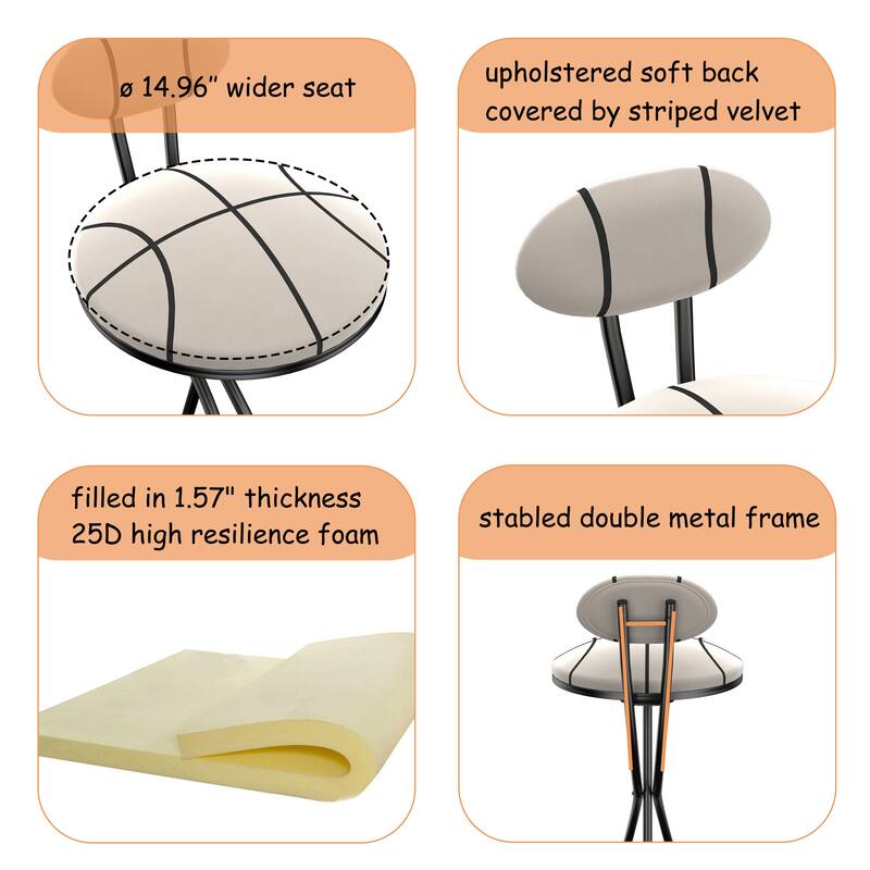 Upholstered Bar Stools Set of 2 Striped Counter Height Barstools Modern Velvet Dining Chairs