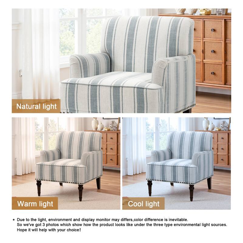 Striped Upholstered Linen Armchair with Brass Nailhead Trim