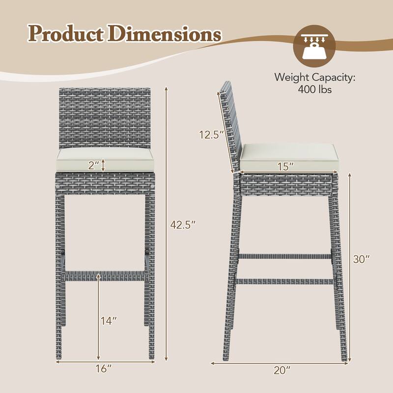 Gymax 2 PCS Patio Wicker Barstools Bar Height Chairs W/ Cushions