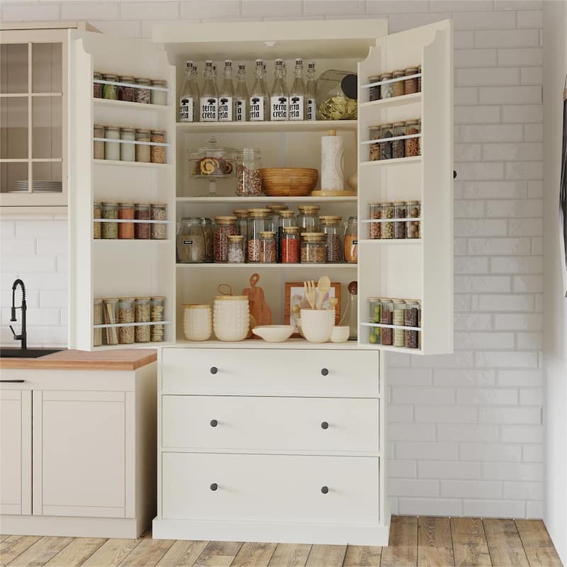Freestanding Tall Cupboard Storage Cabinet w/ 8 Door Shelves, 3 Drawer - Cream