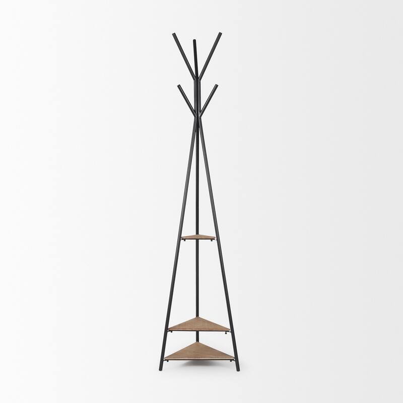 Everett Matte Black Metal w/ Two Wood Shelves Coat Rack - 16.8L x 16.8W x 71.0H
