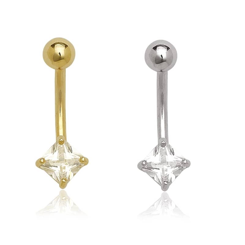 14k Gold Princess Cubic Zirconia Belly Navel Ring (14 Gauge) - White