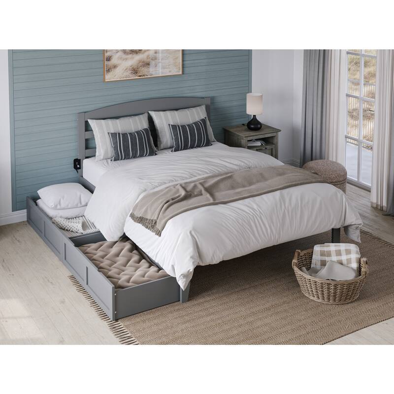Vintage Platform Bed with Drawers, Queen Size Bed Frame, Grey Finish, Modern Style Bedroom Furniture
