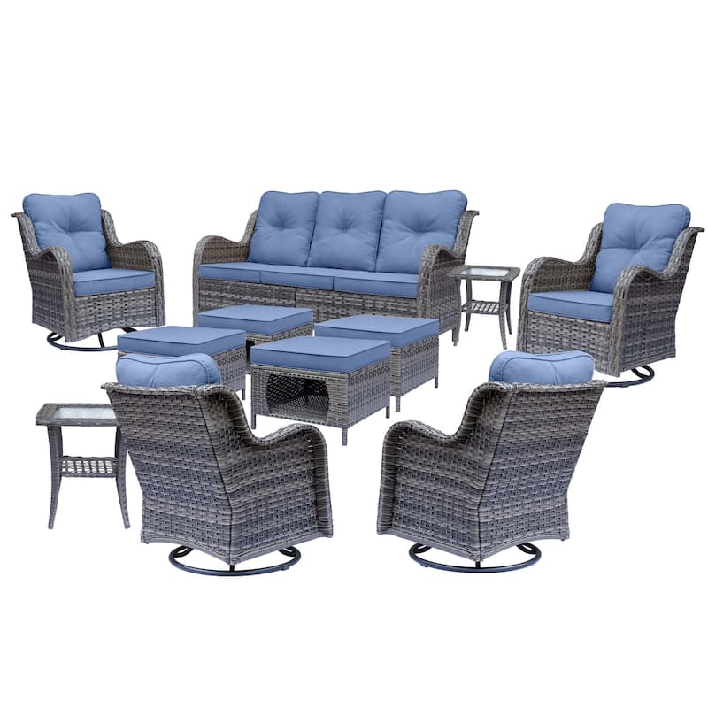 11 Piece Rattan Wicker Outdoor Patio Furniture with Swivel Chairs Set