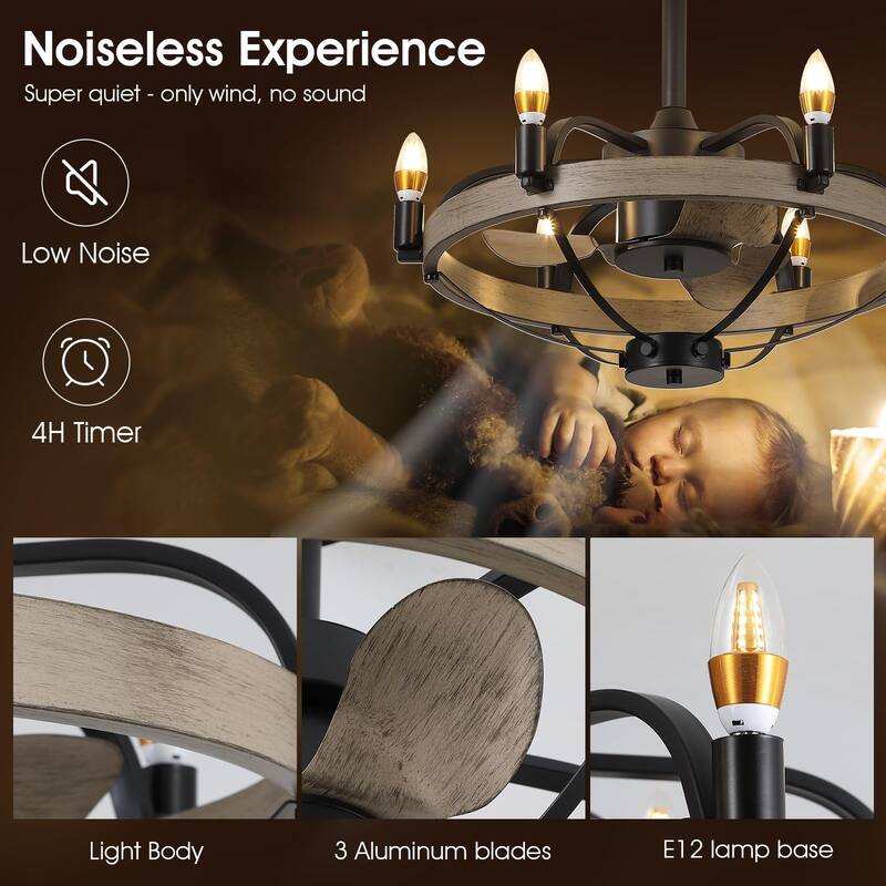 23"/32" Modern Chandelier LED Ceiling Fan with Remote,Wood Grain Caged Fandelier
