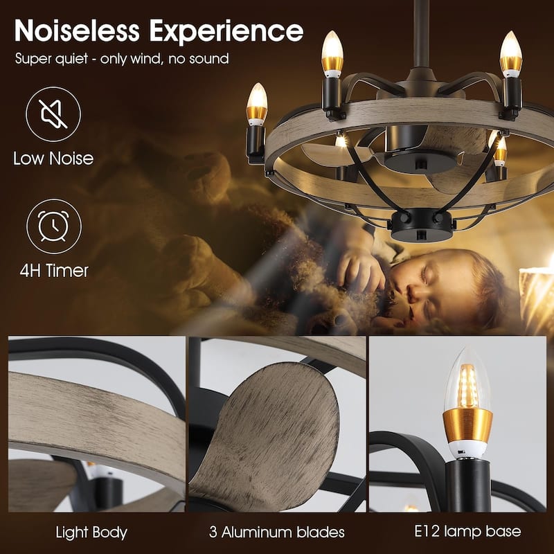 23 Inch Modern Chandelier LED Ceiling Fan with Remote,Wood Grain Caged Fandelier DC Motor For Bedroom