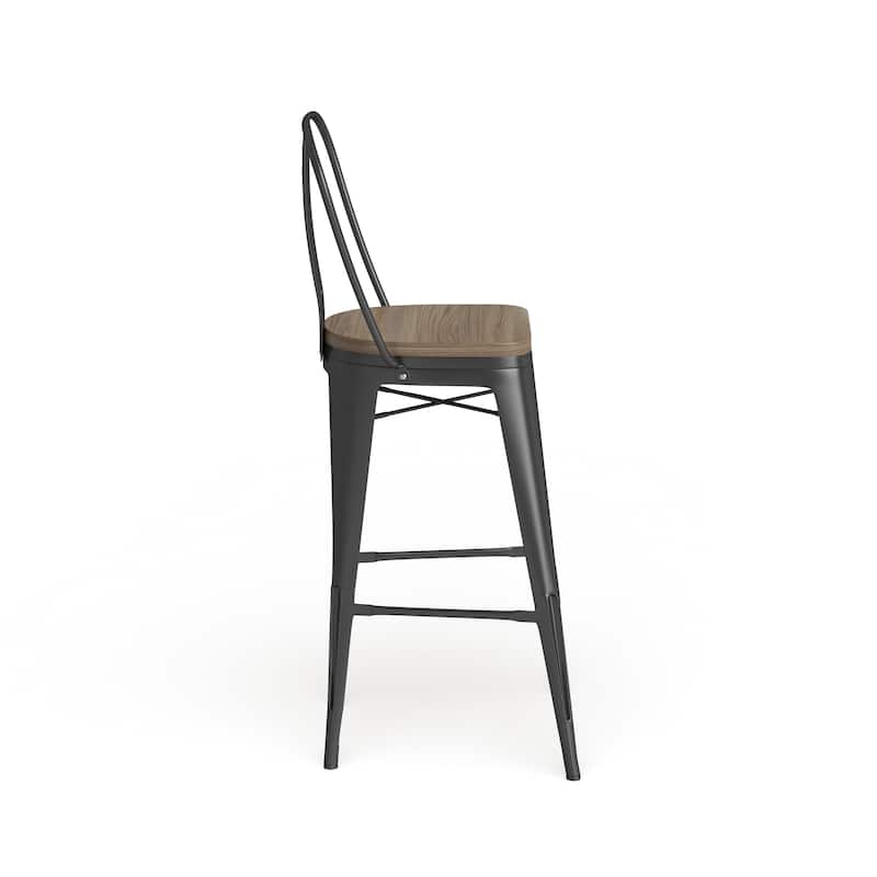 Industrial Modern Steel Bistro Bar Stool With Bamboo Seat in Black