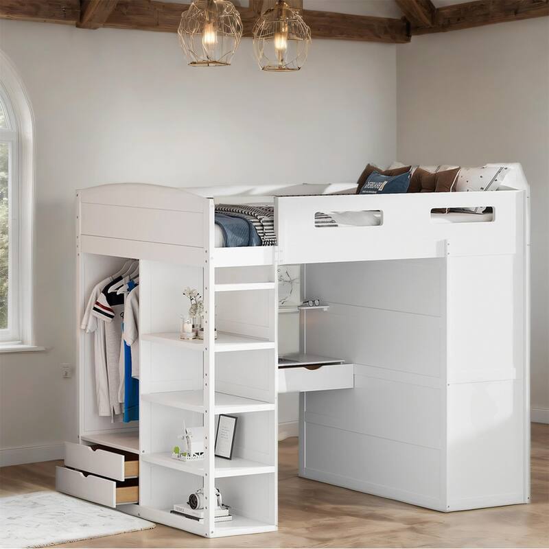 Full Size Wood Loft Bed with Desk, Wardrobes,Drawers and Shelves - White