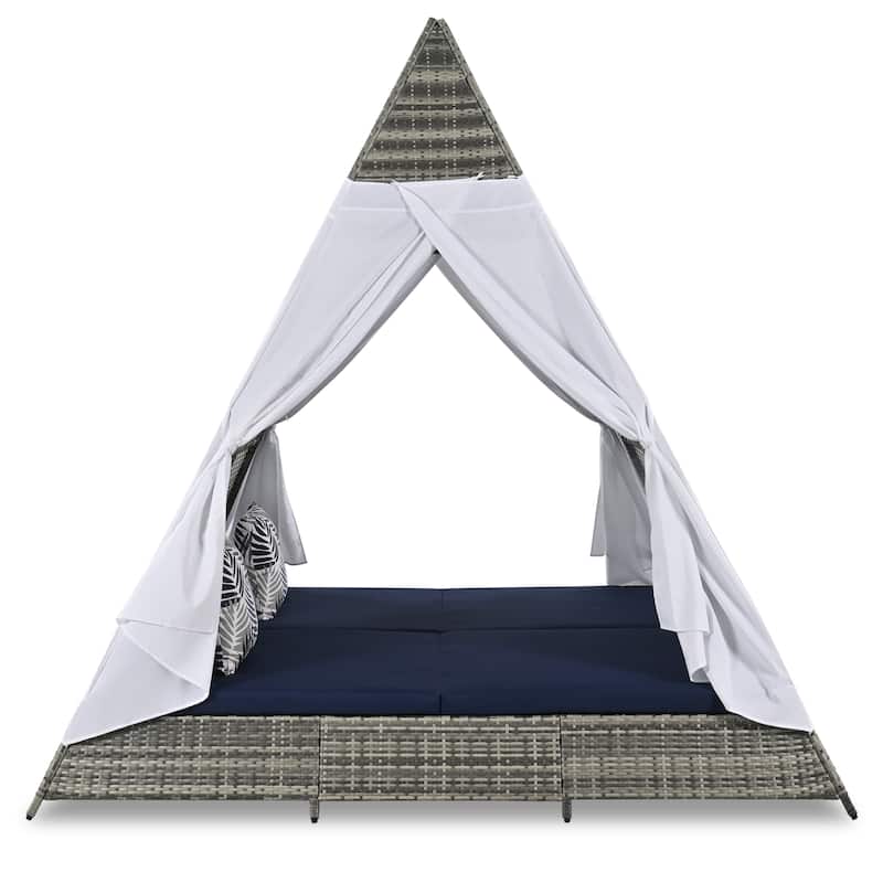90.5" Outdoor Patio Wicker Triangle Tent Daybed Sunbed with Colorful Pillows and Curtain