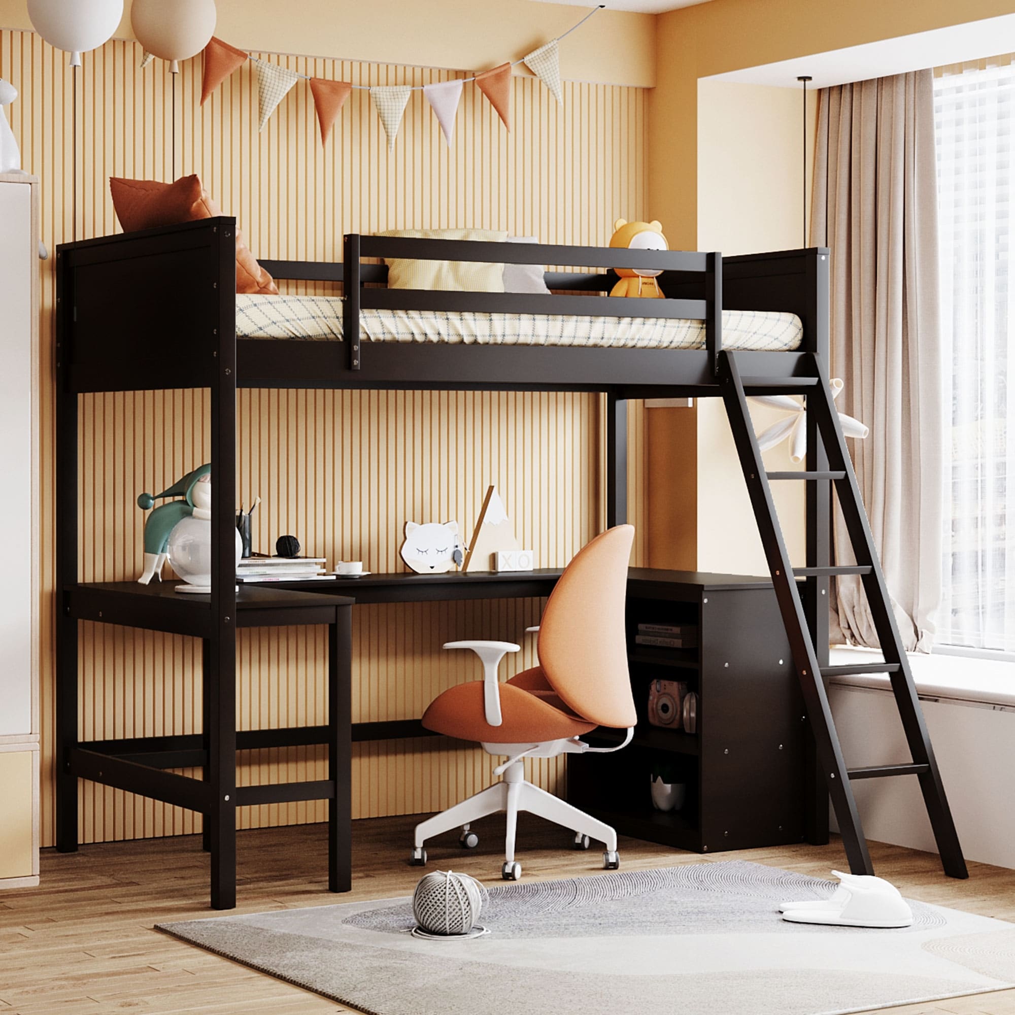 Space-Saving Twin Loft Bed with Built-in Desk and Shelves, Solid Pine Wood Frame