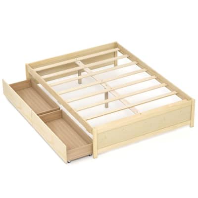 Full Size Wooden Bed Frame with 2 Rolling Storage Drawers