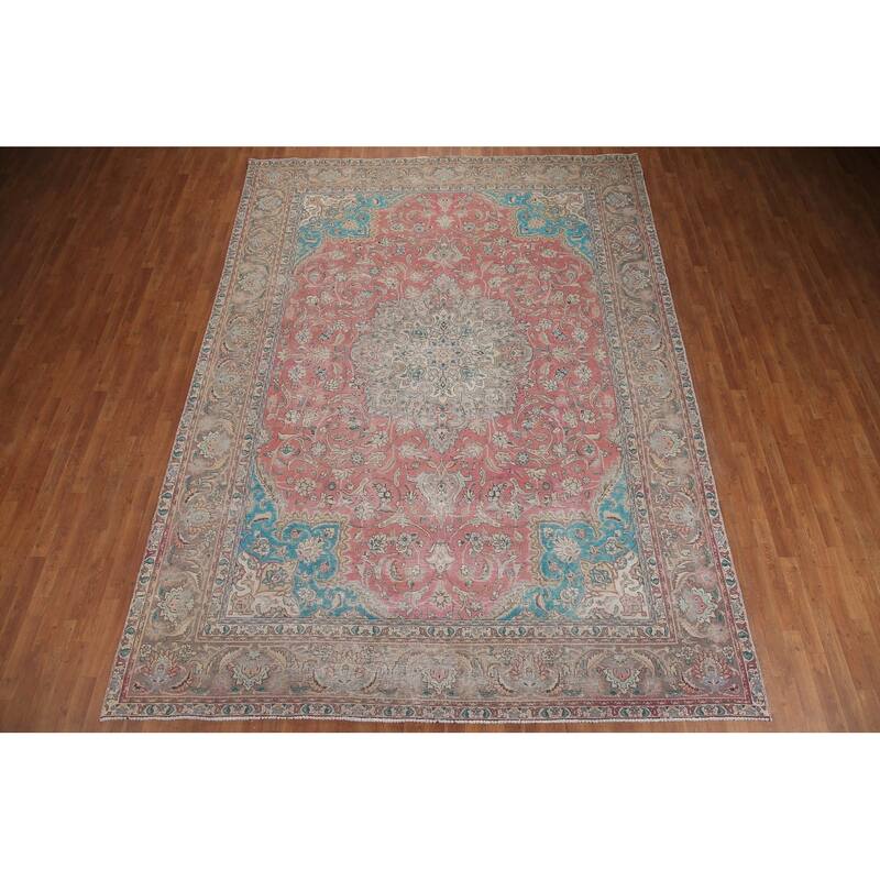 Hand Knotted Oriental 100% Wool Carpet Traditional Floral Pink Mashad Area Rug - 12' 9'' X 9' 4''