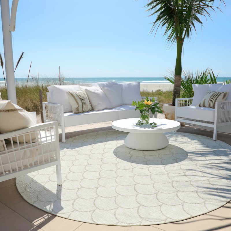 Machine Washable Indoor/ Outdoor Chantille Modern Geo Rug - Ivory - 8' x 8'