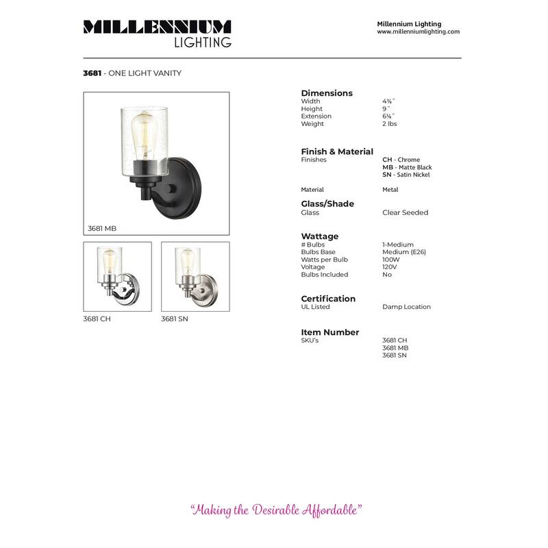 Millennium Lighting Metal 1 Light Wall Sconce- Clear Seeded Glass