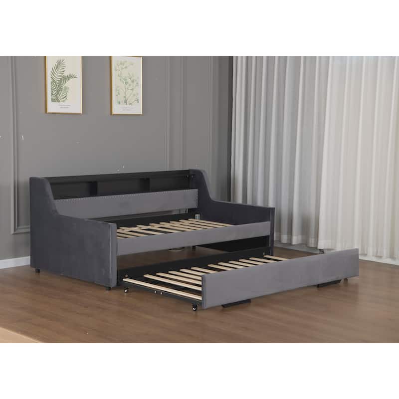 GDFStudio - Modern Velvet Upholstered Corner Daybed with Roll-Out Trundle, Adjustable LED Lighting & Charging Station