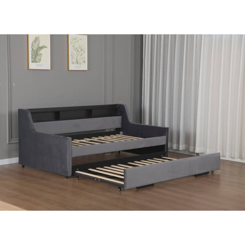 Twin Size Daybed with Trundle, Upholstery Daybed with LED Light ＆ Charging Station, Velvet Day Bed with Wood and Metal Frame