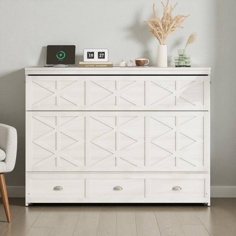 Queen Size Murphy Bed with USB Ports and Large Storage Drawers, Space-Saving Wall Bed Cabinet, Modern Brushed Finish - White - Queen