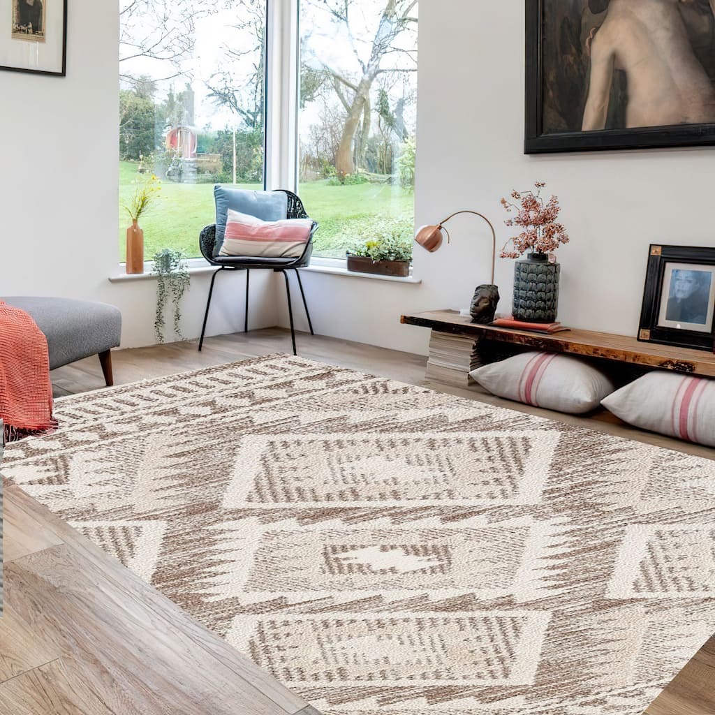 Doel 8 x 11 Large Area Rug, Diamond Abstract Design, Braided Tassel, Beige - 8 x 11