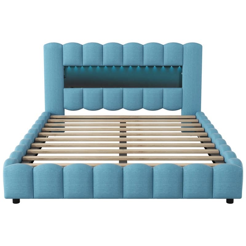 Lift Up Queen Size Storage Bed with LED Headboard, Upholstered Platform