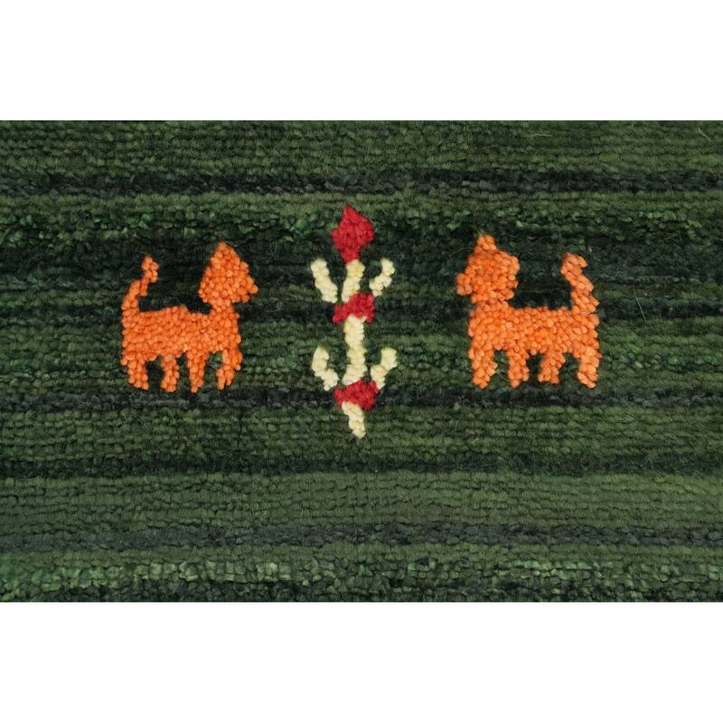 Hand Knotted Oriental Viscose Silk Carpet Tribal Animal Pictorial Green Gabbeh Runner Rug - 7' 6'' X 3' 0''