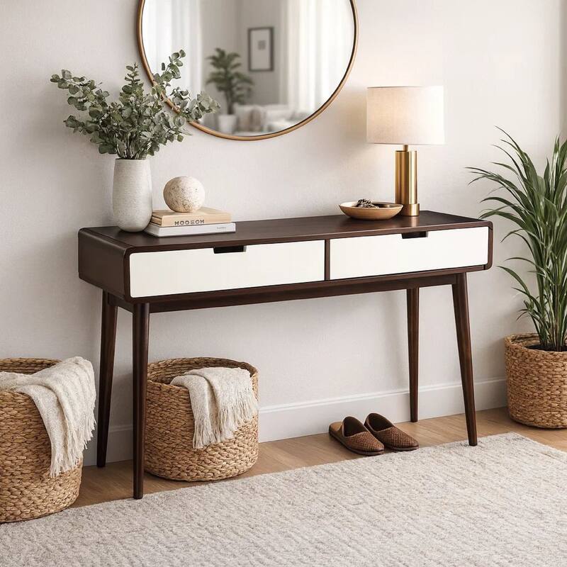 Beautiful Sofa Table With 2 Drawers, Espresso & White
