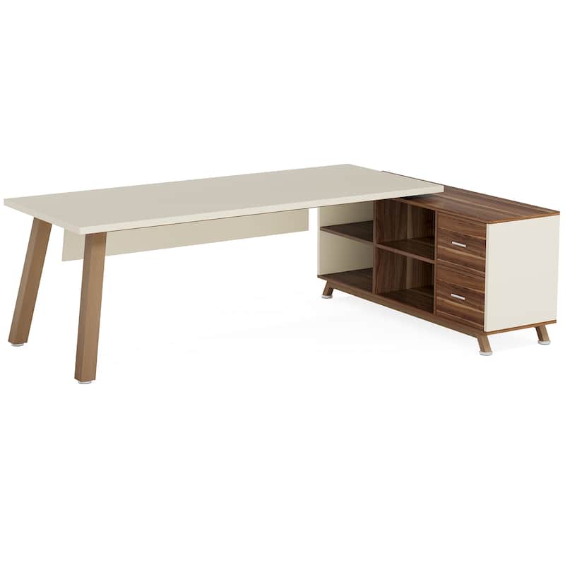 78.7" L-Shaped Executive Desk with 55" File Cabinet, Walnut & White Workstation Furniture