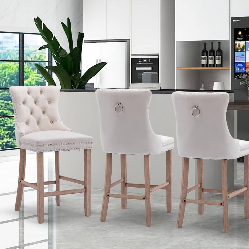 Contemporary Tufted Velvet Upholstered Counter Bar Stools Set of 2 - Set of 6 - Ivory