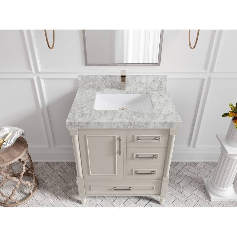 Willow Collections 30 in. W x 22 in. D Aberdeen Single Sink Bathroom Vanity with Countertop - 2" Carrara Marble - Fine Grain
