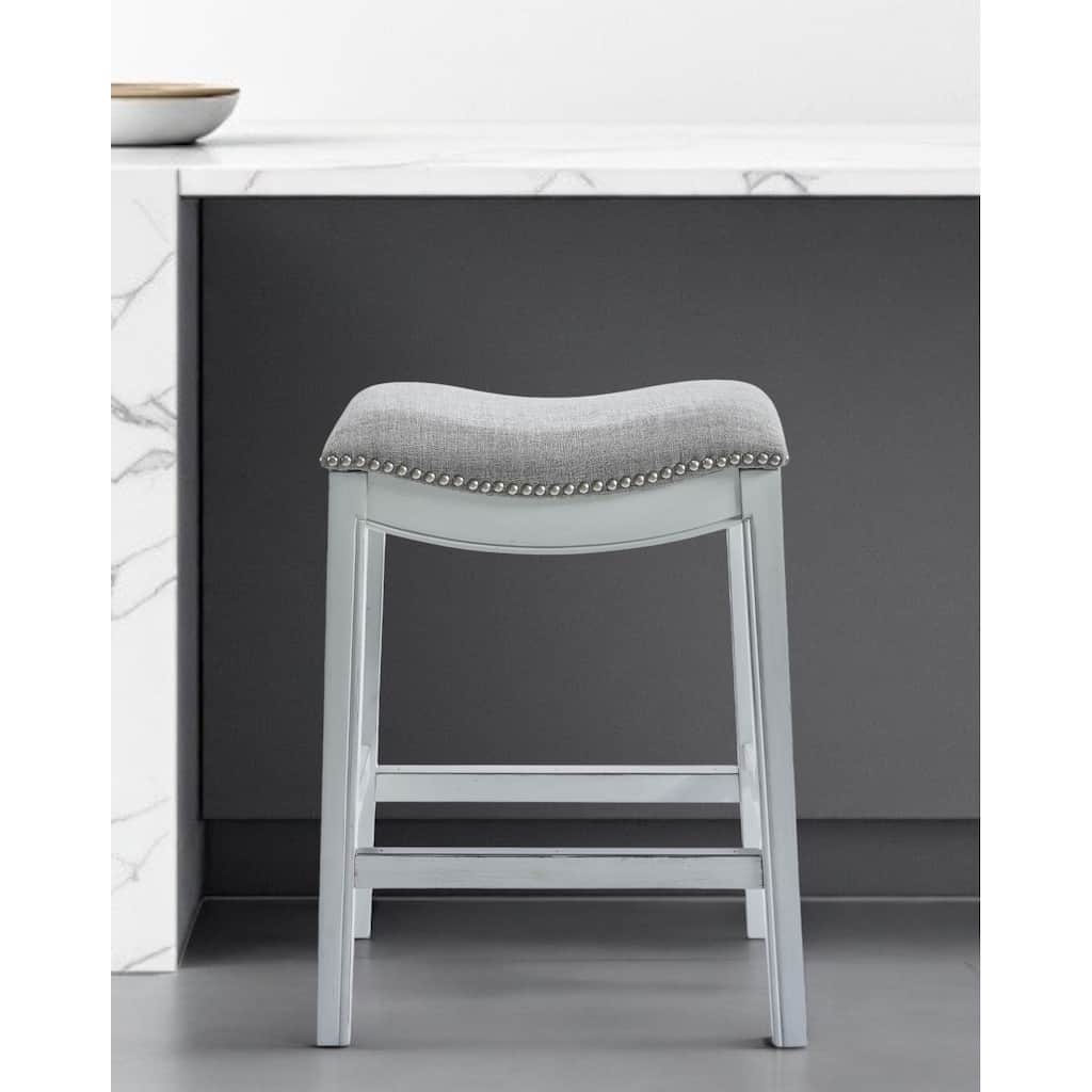HomeRoots 31" Linen and Natural Solid Wood Backless Bar Height Bar Chair