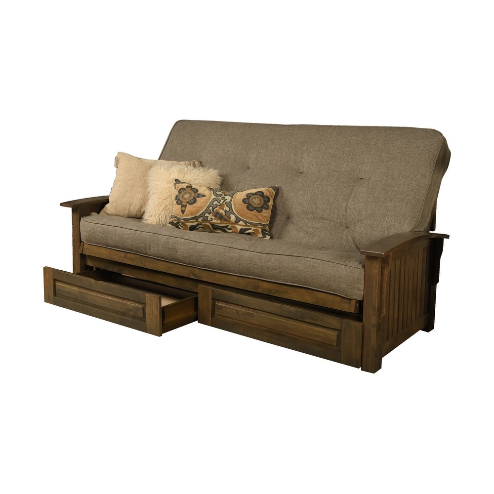 Somette Washington Queen-size Storage Futon Set in Rustic Walnut with Linen Mattress