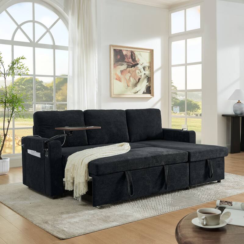 Pull Out Sleeper Sofa Bed Chenille L-shaped Sectional Couch with Storage Chaise, Retractable Table, LED, USB and Cup Holders