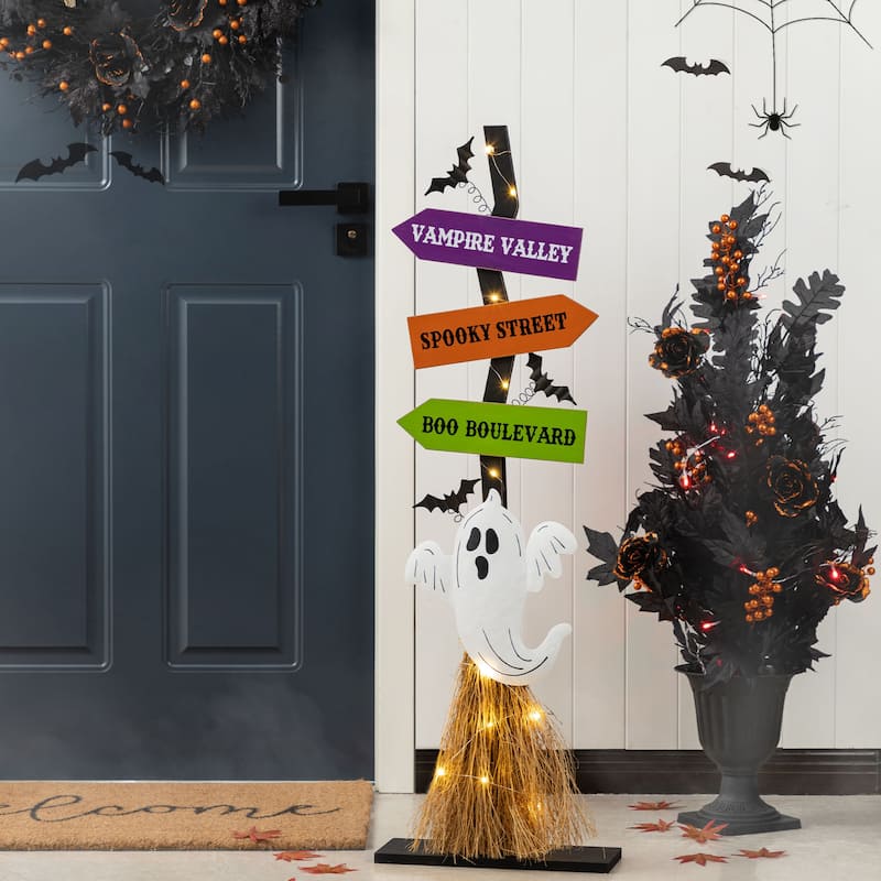 Outdoor 41.75"H Halloween Wooden Witch's Broom Ghost's Broom Standing Porch Decor