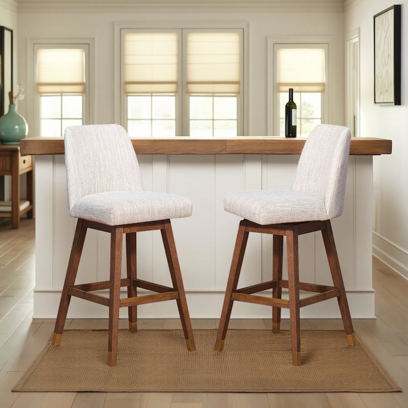 Amalie Upholstered Bar Stool, Swivel Counter Chair with Solid Wood Frame - Set of 2 - Brown & Beige Fabric - Bar Height