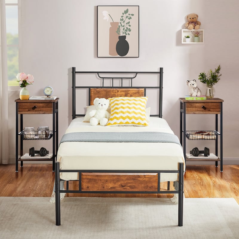 Javlergo 3-Piece Bedroom Set with Bed Frame and 2 Nightstand, Brown - Twin - 3 Piece