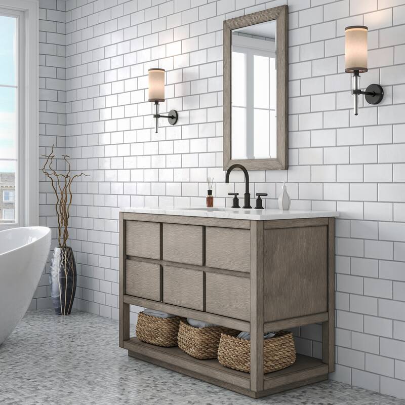 Oakman Carrara White Marble Countertop Bath Vanity in Grey Oak with Mirror