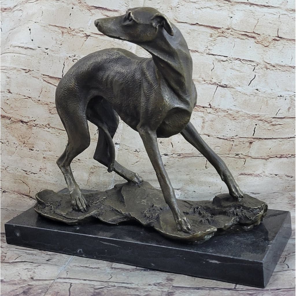 Greyhound Whippet Slender Dog Bronze Metal Sculpture Statue Figure On Marble Base