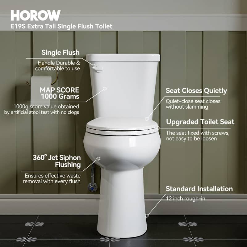HOROW 19 Inch ADA Tall 2 Piece Dual Flush Elongated Toilet White 1.1 /1.6 GPF Strong Flush Soft Close Seat - 19 Inch