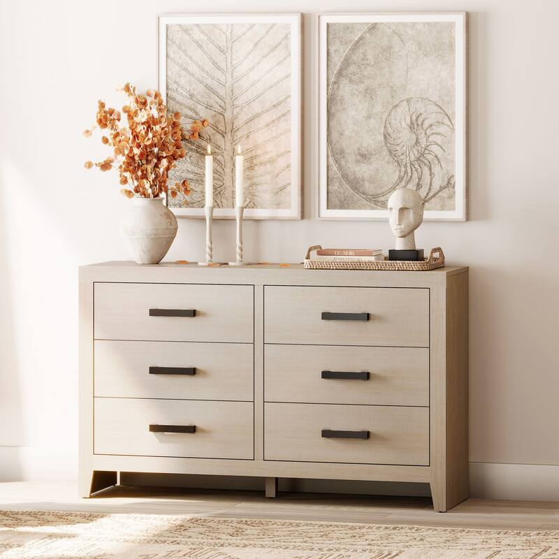 WAMPAT 6-Drawer Farmhouse Dresser - Wood TV Stand, Storage Chest for Bedroom & Hallway - 12-drawer - Beige